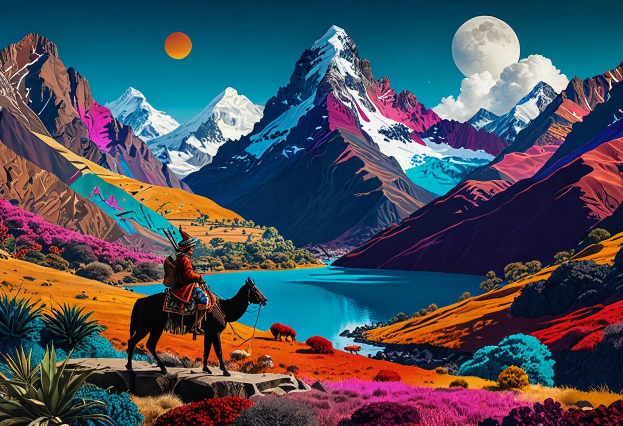 A surreal collage blending traditional Andean motifs, such as vibrant textiles and mountain landscapes, with abstract elements of hentai art, showcasing stylized characters in playful poses. Incorporate deep colors to reflect Andean culture while capturing the whimsical nature of hentai. Include subtle indigenous symbols to bridge the two worlds, creating a thought-provoking visual narrative. vivid colors. 3D. digital art.