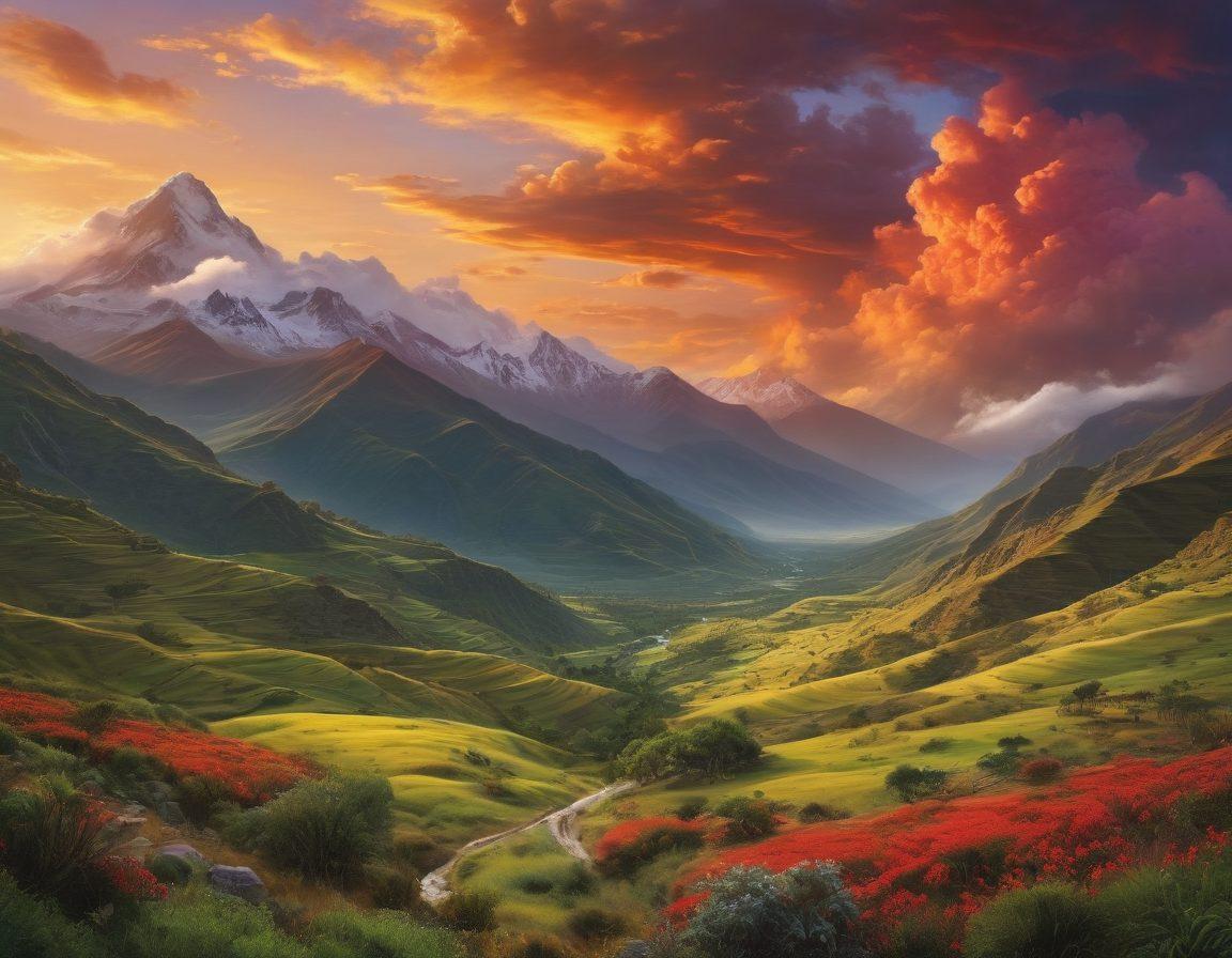 A vibrant landscape depicting the Cajalos Andes, with lush green mountains in the background. In the foreground, an artistic blend of traditional Andean motifs and Hentai-inspired characters, portraying a fusion of cultures. Ethereal clouds in bright colors float above, contributing to an otherworldly atmosphere. The sun sets, casting a warm glow, symbolizing the desire and passion explored in the blog. detailed illustration. vibrant colors. surreal.